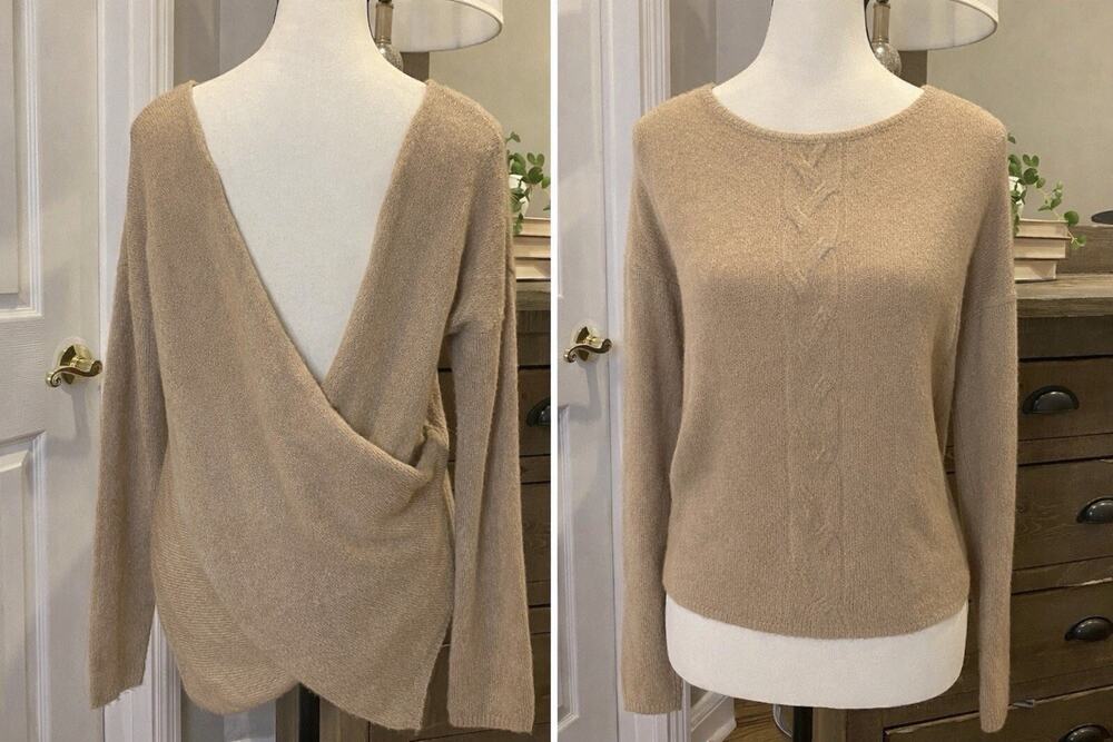 Wet Seal Long Sleeve Backless Asymetrical Sweater S Beige Camel Tan